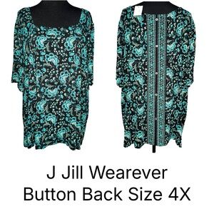 J Jill Wearever Button Back Top 4X Floral Teal Tunic Stretch Flowy Boho NWT